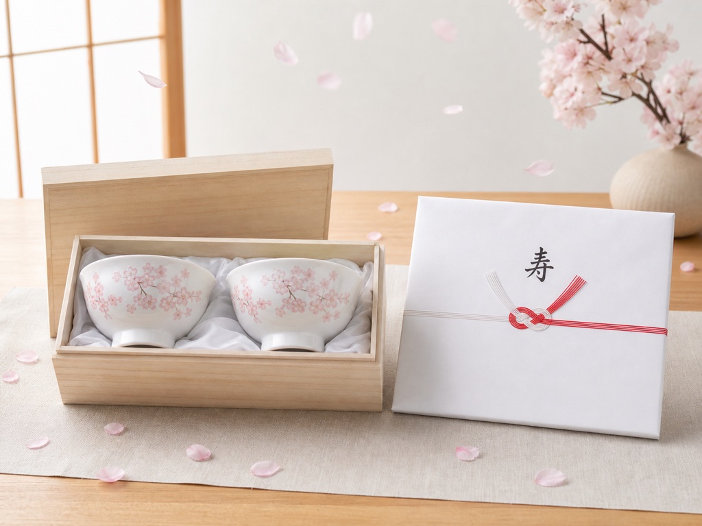 結婚祝いの贈答シーン - 桐箱入り夫婦茶碗と寿の熨斗紙、紅白結び切り水引